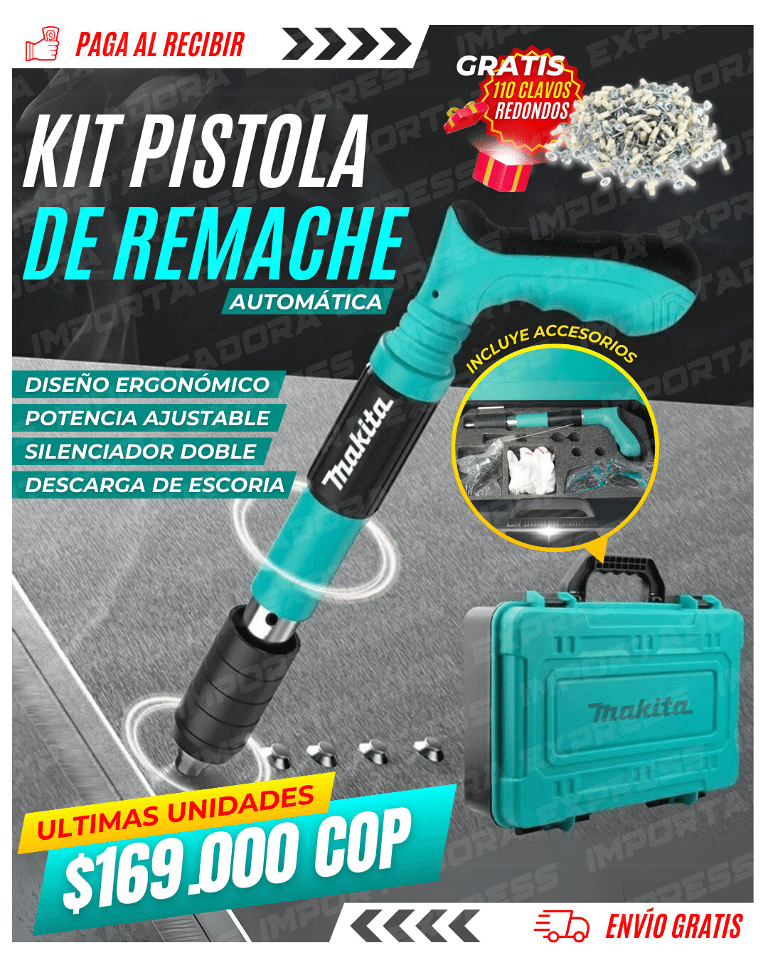 - KIT PISTOLA DE REMACHE MAKITA | 200 CLAVOS | KIT COMPLETO + OBSEQUIO